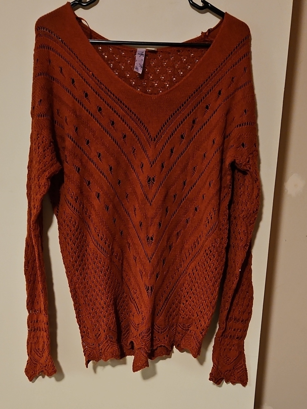 Alya Open-Knit V-Neck Sweater in Rust Orange